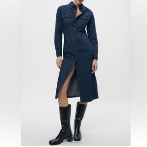 Zara The Button Down Denim Dress Long Sleeve Cotton Shirt Dress Blue NWT M